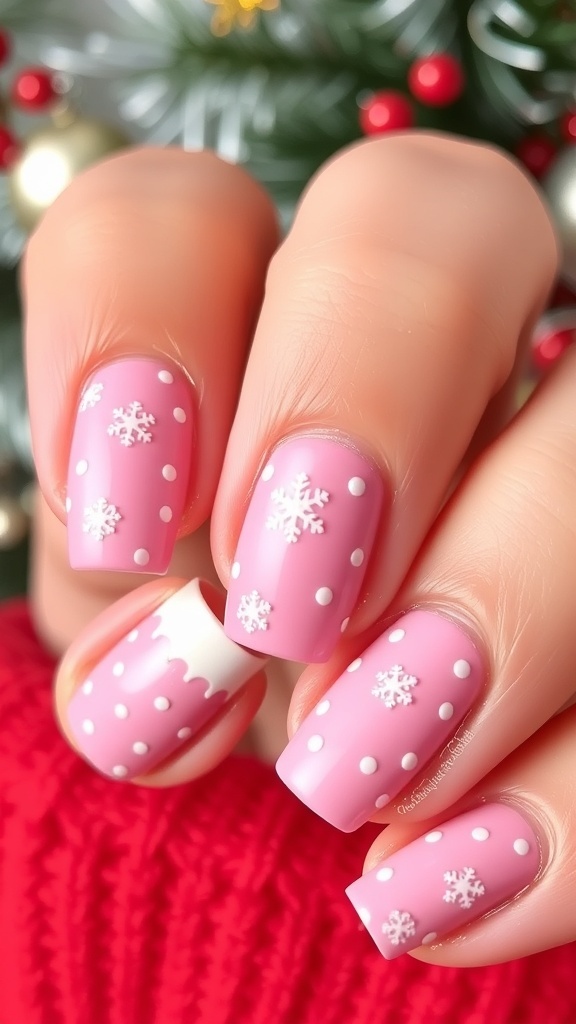 Short pink and white Christmas nails with snowflake designs and candy cane accents.